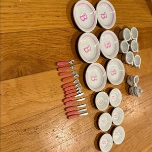Miniature Barbie Tea Set White Plates with Pink Accents